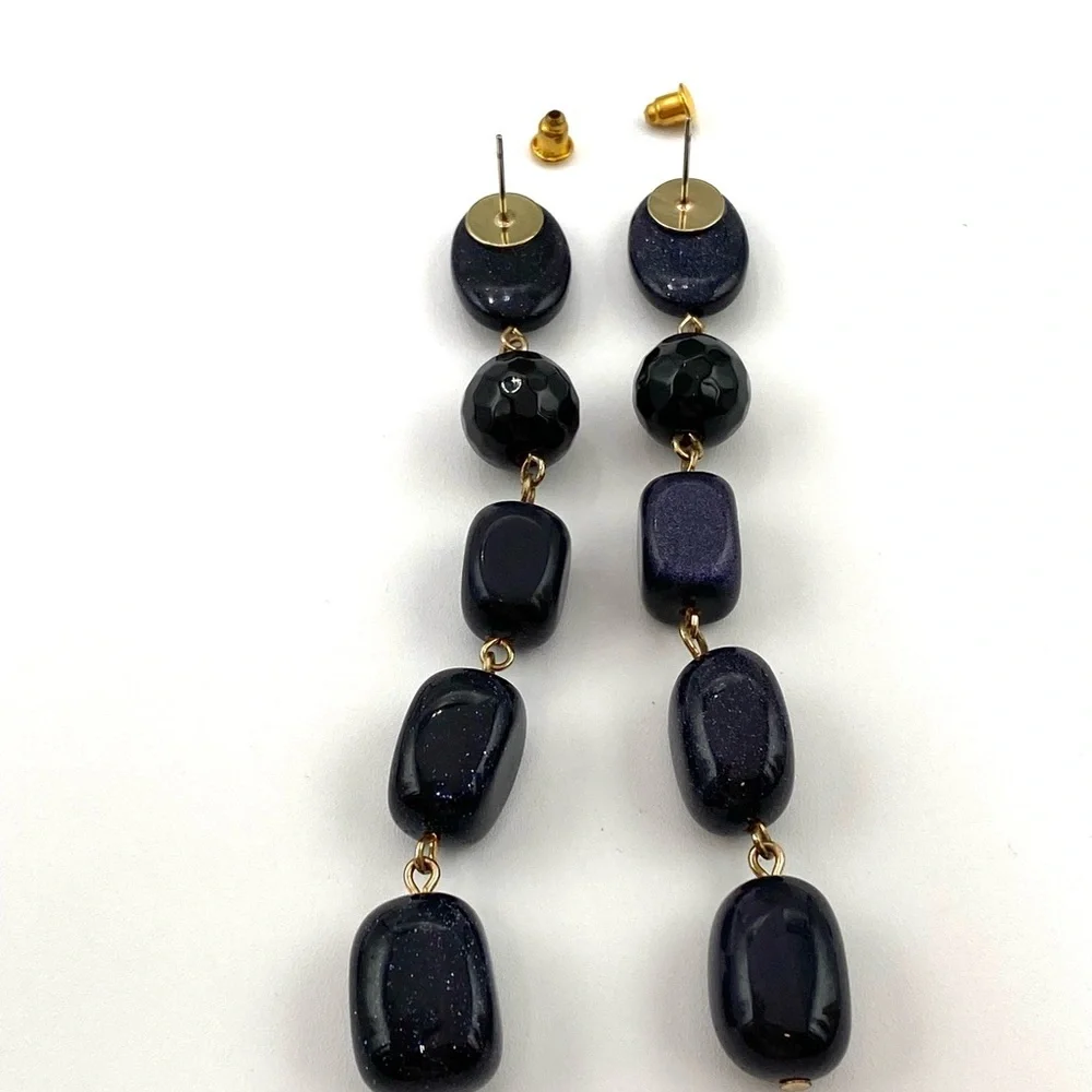 Earrings Artisan Stone ? Beaded Dark Navy Gold Specks Heavy 4”